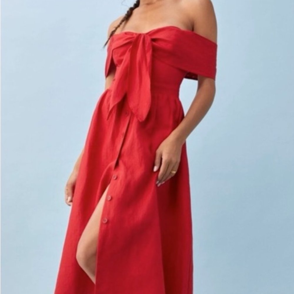 Reformation Red Barrington Off-Shoulder Midi Dress
